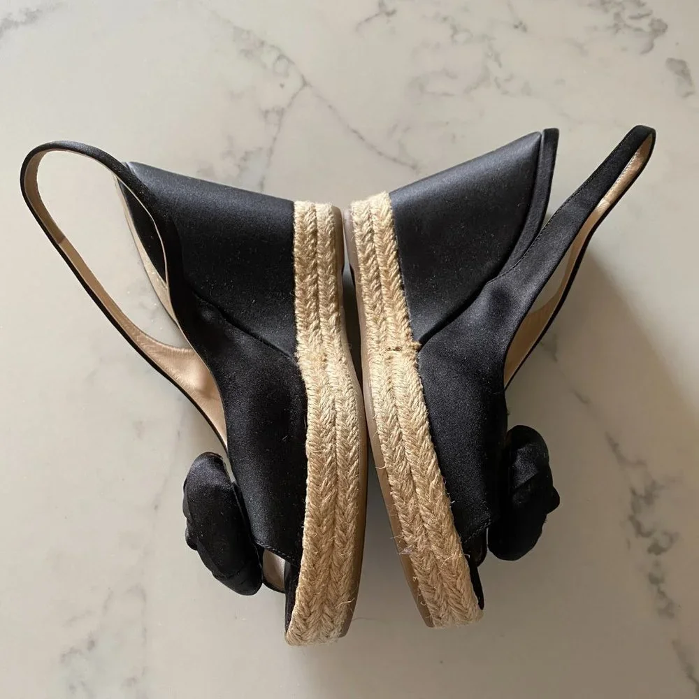 prada satin wedge peep toe espadrilles w/ rosette